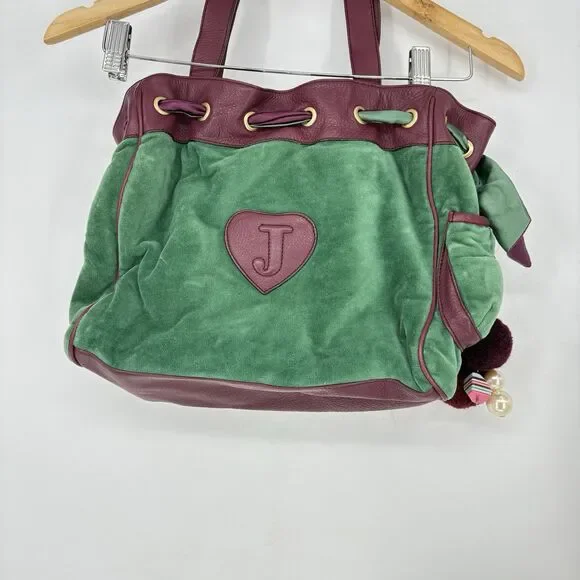 Vintage Juicy Couture Daydreamer Tote Bag Purse Royal Dog Bow Pompom Pin Charm - Picture 6 of 11